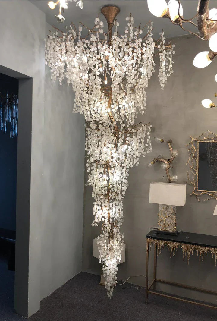 Modern Unique Artistic Flower Brass Branch Semi-flush Mount Chandelier for Living Room/ Hallway/ Entryway/ Staircase - Zelnolighting