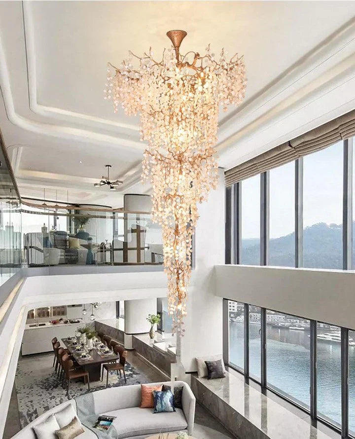 Modern Unique Artistic Flower Brass Branch Semi-flush Mount Chandelier for Living Room/ Hallway/ Entryway/ Staircase - Zelnolighting