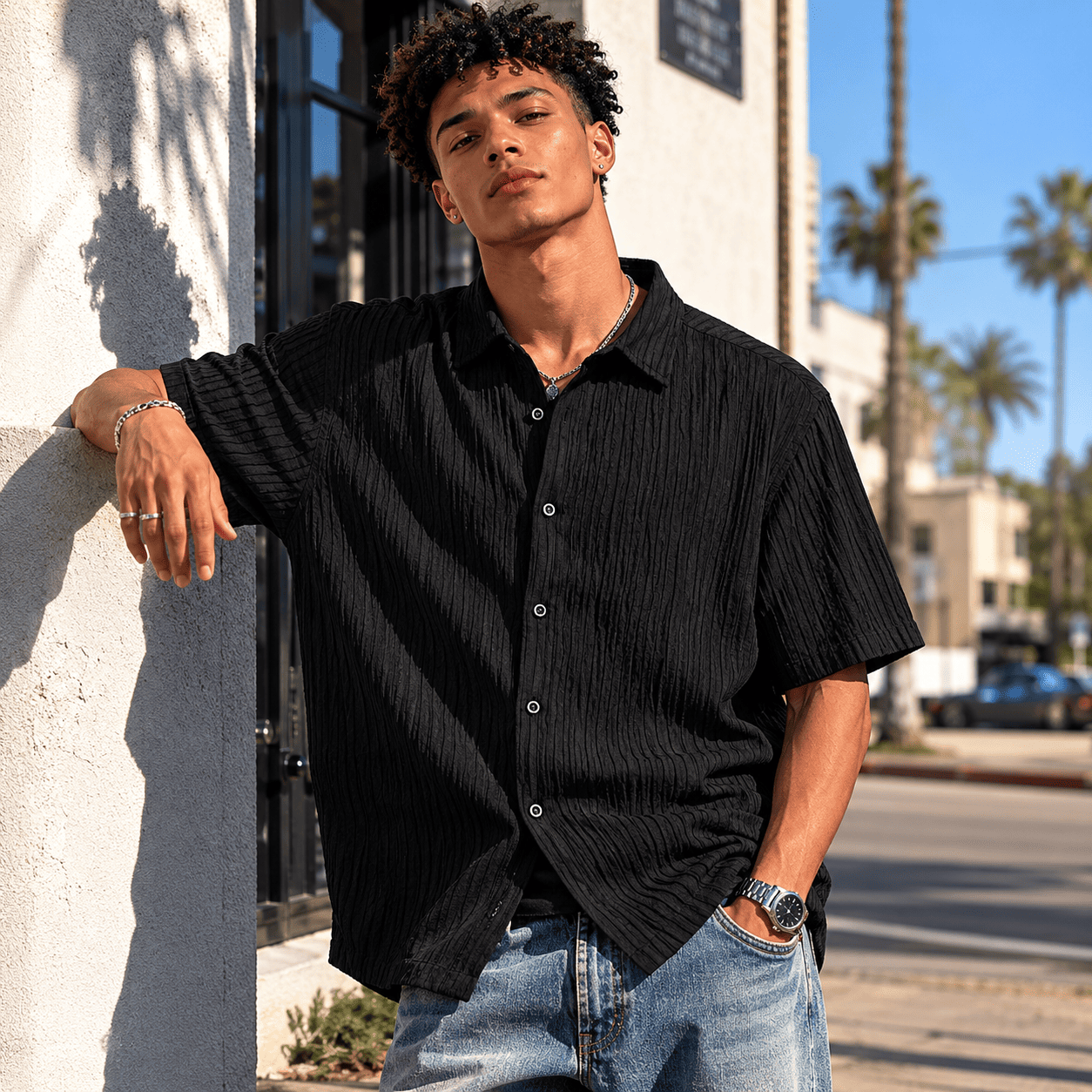Men's Oversized Crinkle Textured Relaxed Fit Shirt