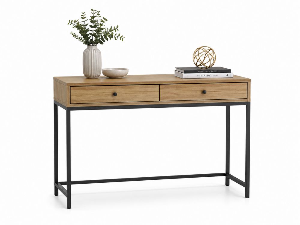 Mesa de entrada de madera y metal negro con 2 cajones-Lumvellae