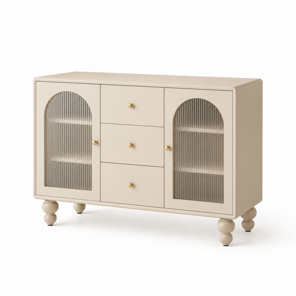 Aparador de MDF y Vidrio Acanalado con Puertas Arqueadas, 120 cm, Beige-Lumvellae