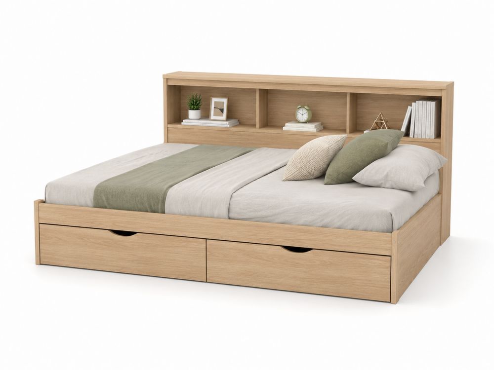 Cama de Madera de Roble con Almacenamiento y Cabezal con Estantes, 200x160 cm-Lumvellae