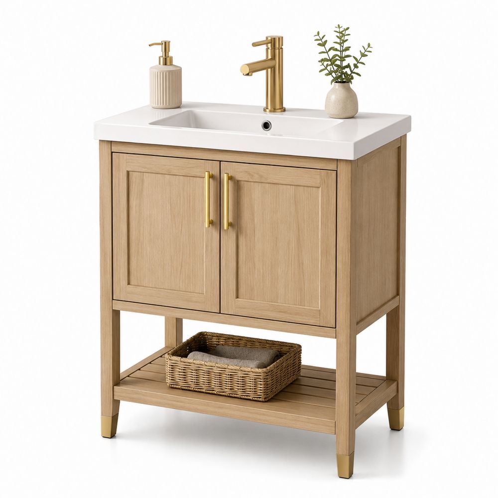 Mueble de lavabo de madera de roble con encimera de cerámica-Lumvellae