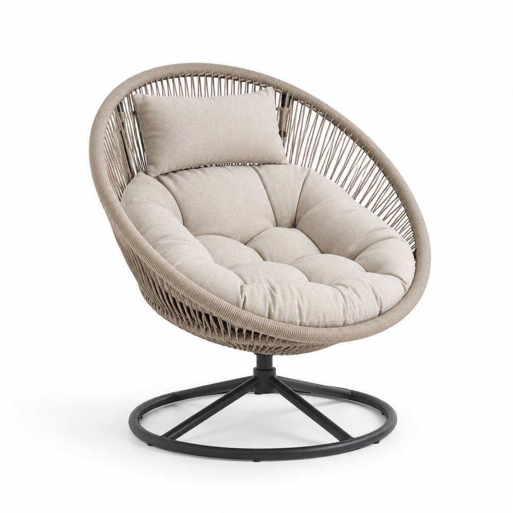 Sillón Redondo de Ratán Sintético Beige con Base de Acero-Lumvellae