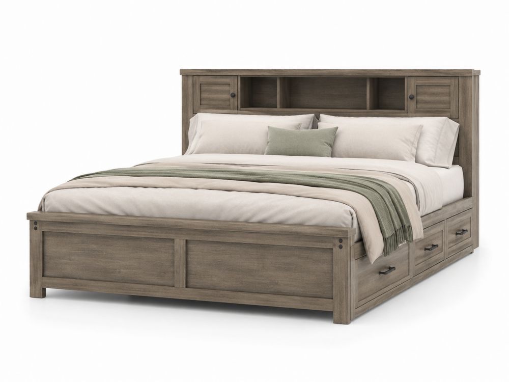 Cama de madera con almacenamiento y cabecero estantería 210 cm x 160 cm x 120 cm Marrón-Lumvellae