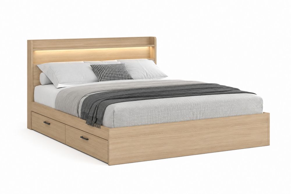 Cama doble de madera de roble con cajones y luces LED 200x160cm-Lumvellae