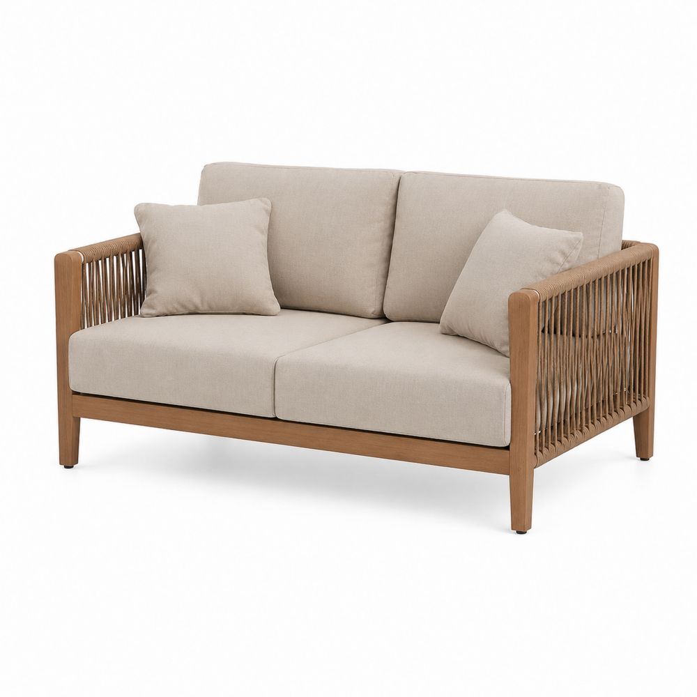 Sofá de exterior de 2 plazas de madera y cojines beige-Lumvellae