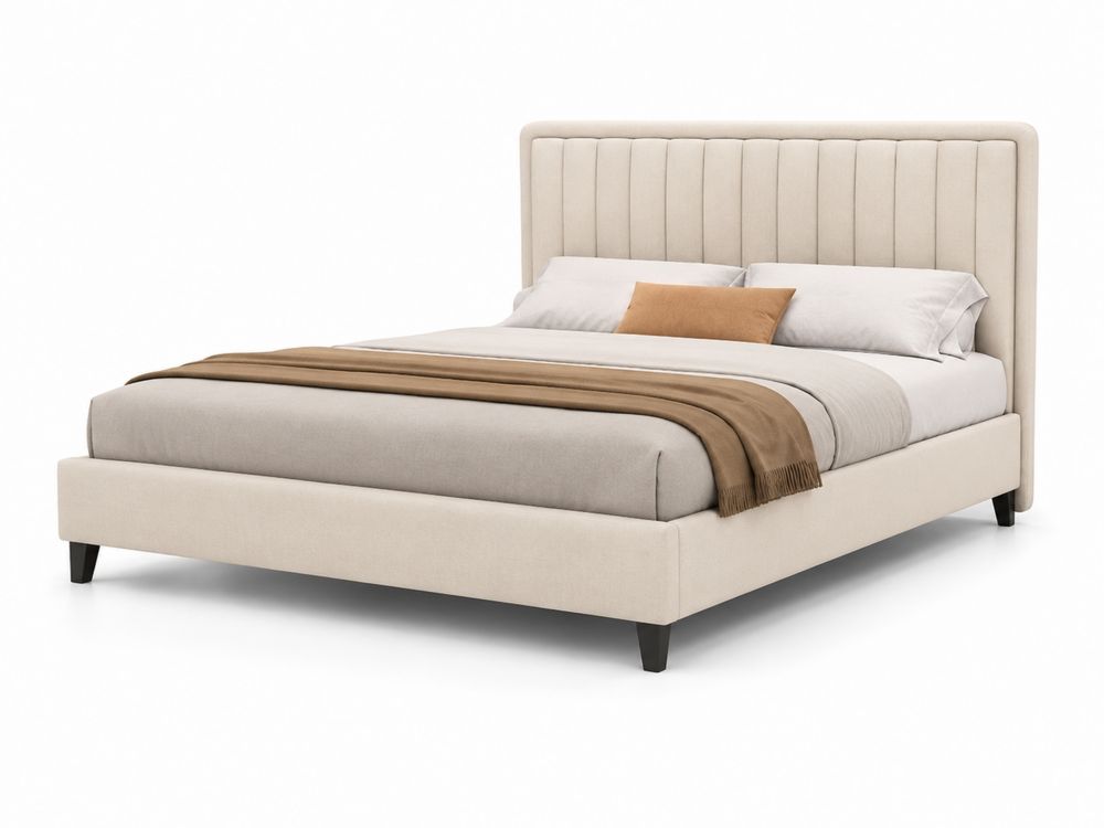 Cama doble tapizada de tela beige con cabecero acolchado-Lumvellae