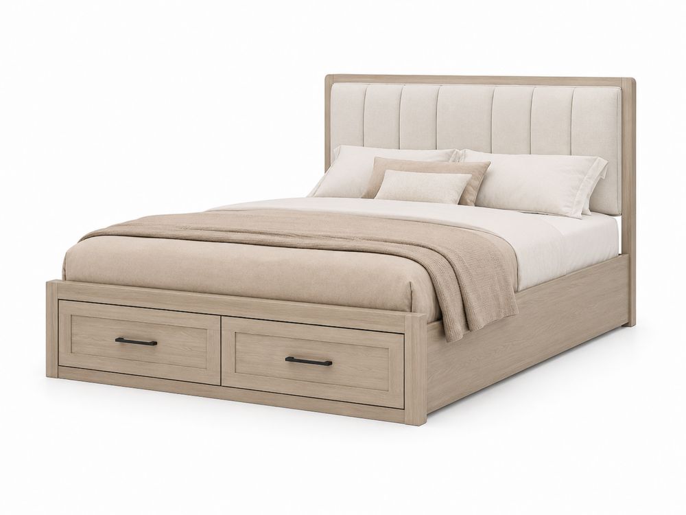 Cama de madera con almacenamiento y cabecero de poliéster beige-Lumvellae