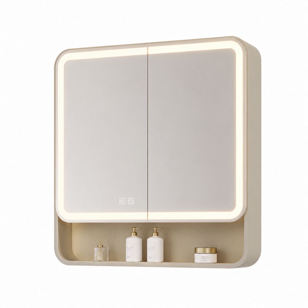 Armario de Baño con Espejo y Luz LED de Cristal Templado Beige-Lumvellae