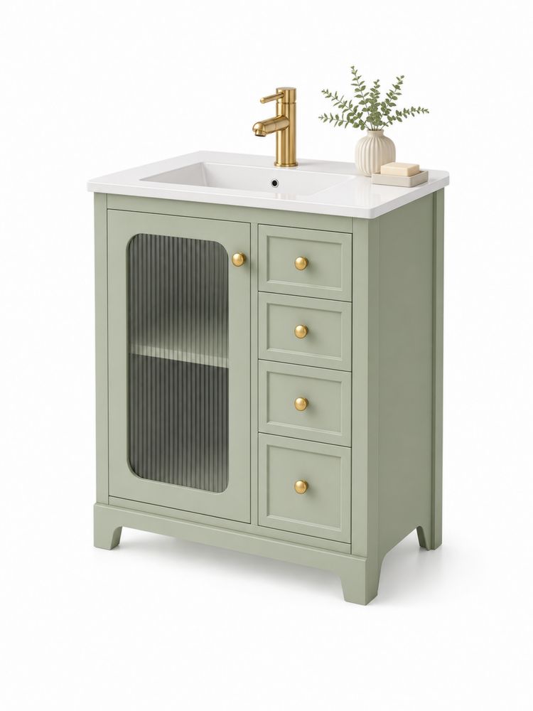 Mueble de lavabo de MDF con lavabo de cerámica y puerta de cristal acanalado-Lumvellae