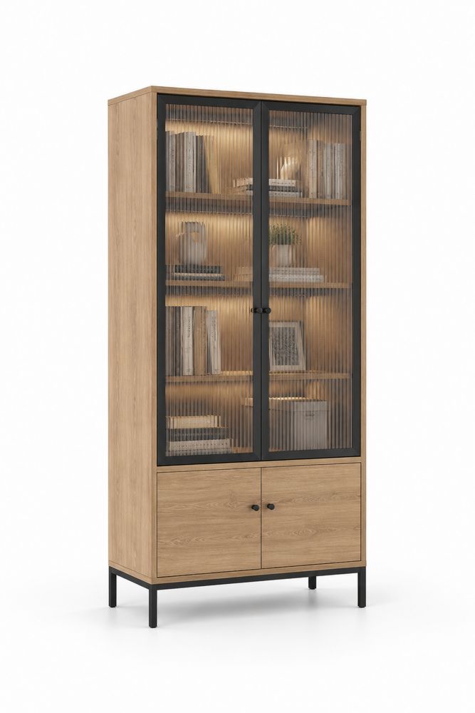 Estantería de Madera con Puertas de Vidrio Estriado y Estructura de Acero-Lumvellae