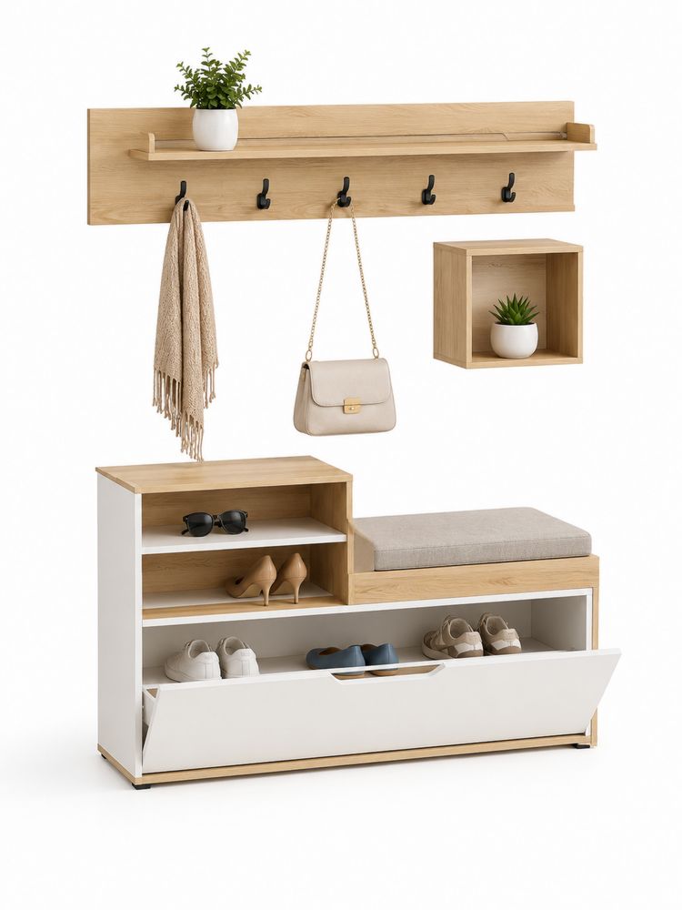 Conjunto de perchero y zapatero blanco y roble claro de aglomerado y MDF-Lumvellae