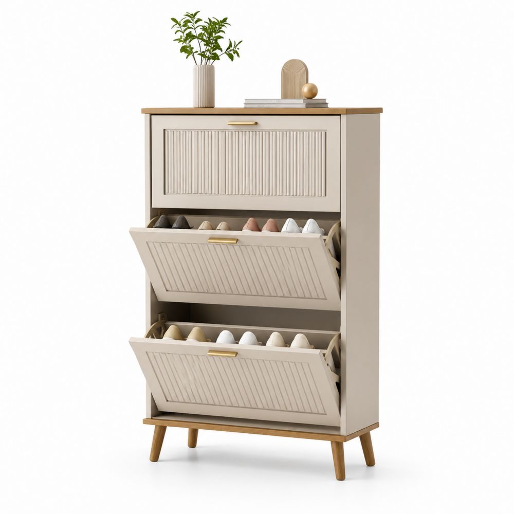 Zapatero de 3 compartimentos abatibles MDF y madera Beige-Lumvellae