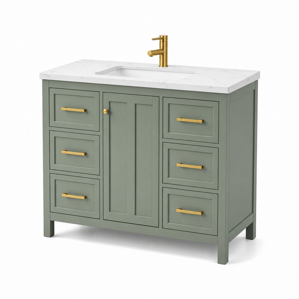 Mueble de lavabo verde con encimera de mármol blanco-Lumvellae