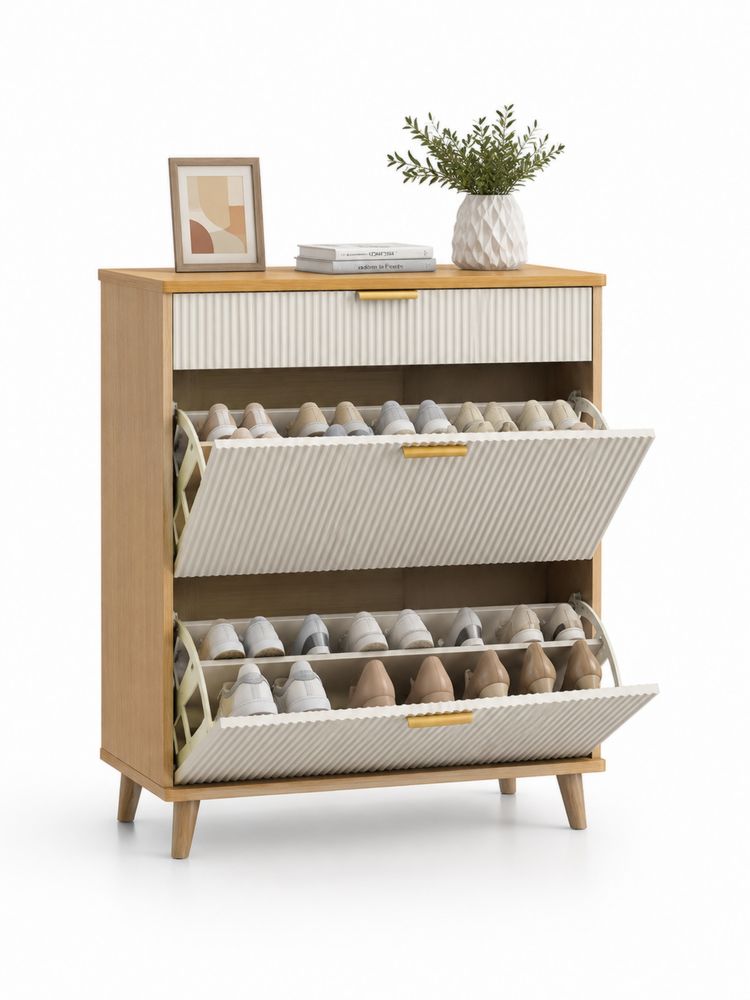 Zapatero de Madera con Compartimentos Abatibles y Cajón Beige-Lumvellae