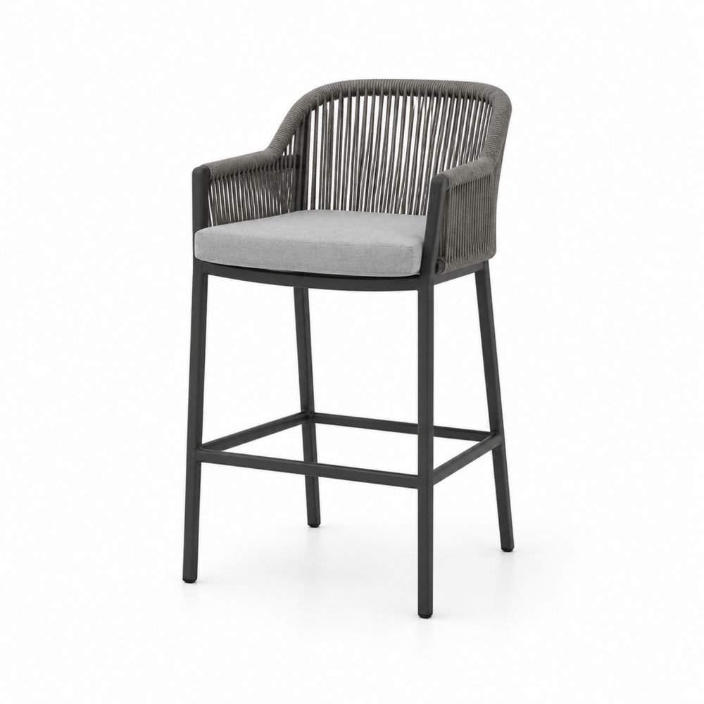 Taburete de aluminio y cuerda para exterior con cojín gris claro-Lumvellae