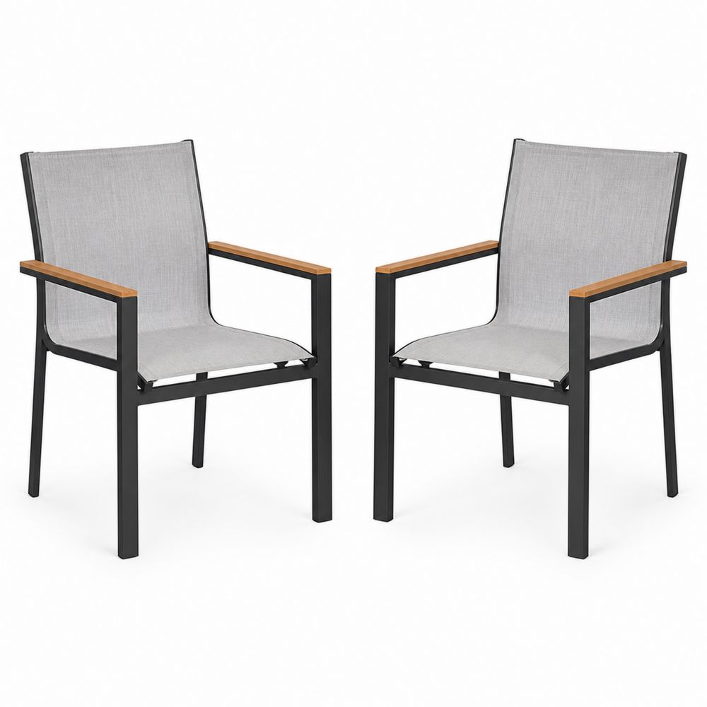 Set de 2 Sillas de Aluminio y Textileno Gris con Reposabrazos de Madera-Lumvellae