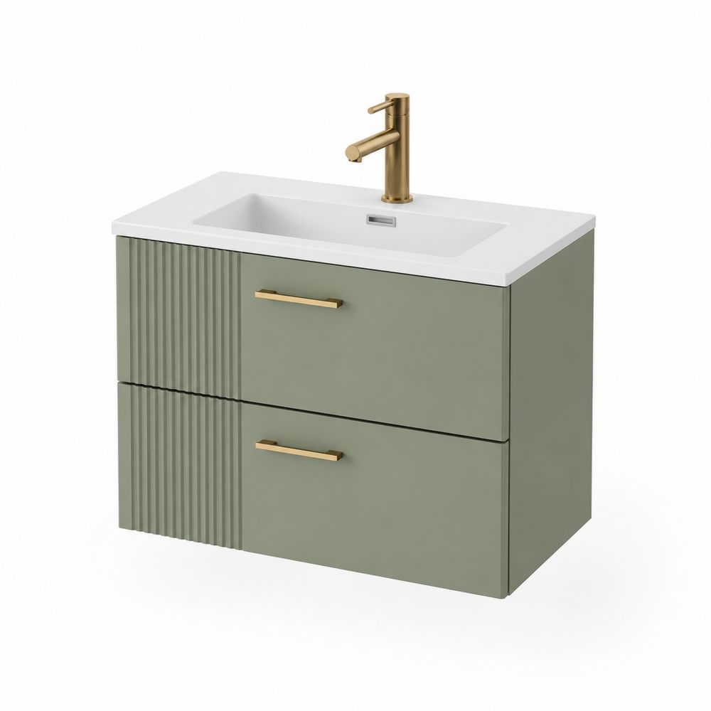 Mueble de lavabo MDF verde con lavabo de porcelana blanco y grifos de latón dorado-Lumvellae