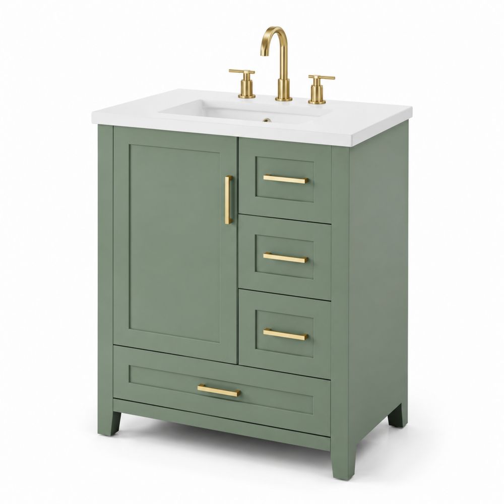Mueble de lavabo verde con lavabo cerámico y grifería dorada-Lumvellae