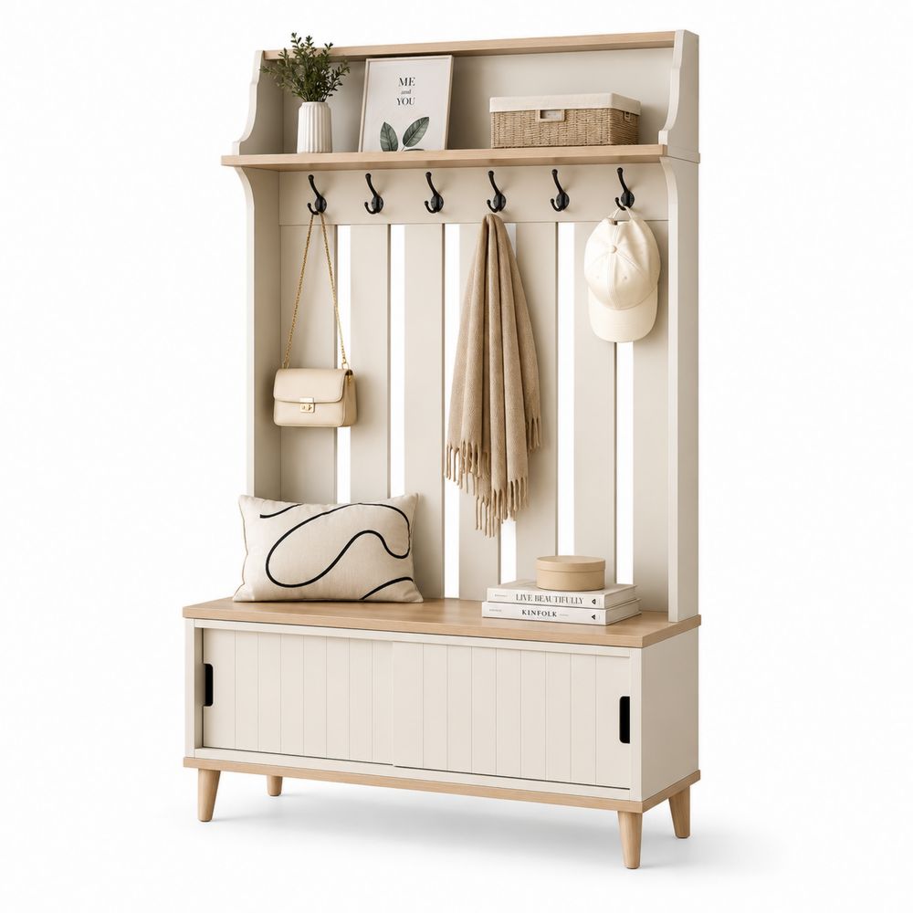 Conjunto de perchero de entrada con banco de madera y MDF, ganchos de metal, estante superior y compartimento de almacenamiento, Blanco y Madera-Lumvellae