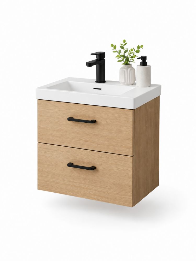 Mueble de baño roble con lavabo de cerámica blanco-Lumvellae