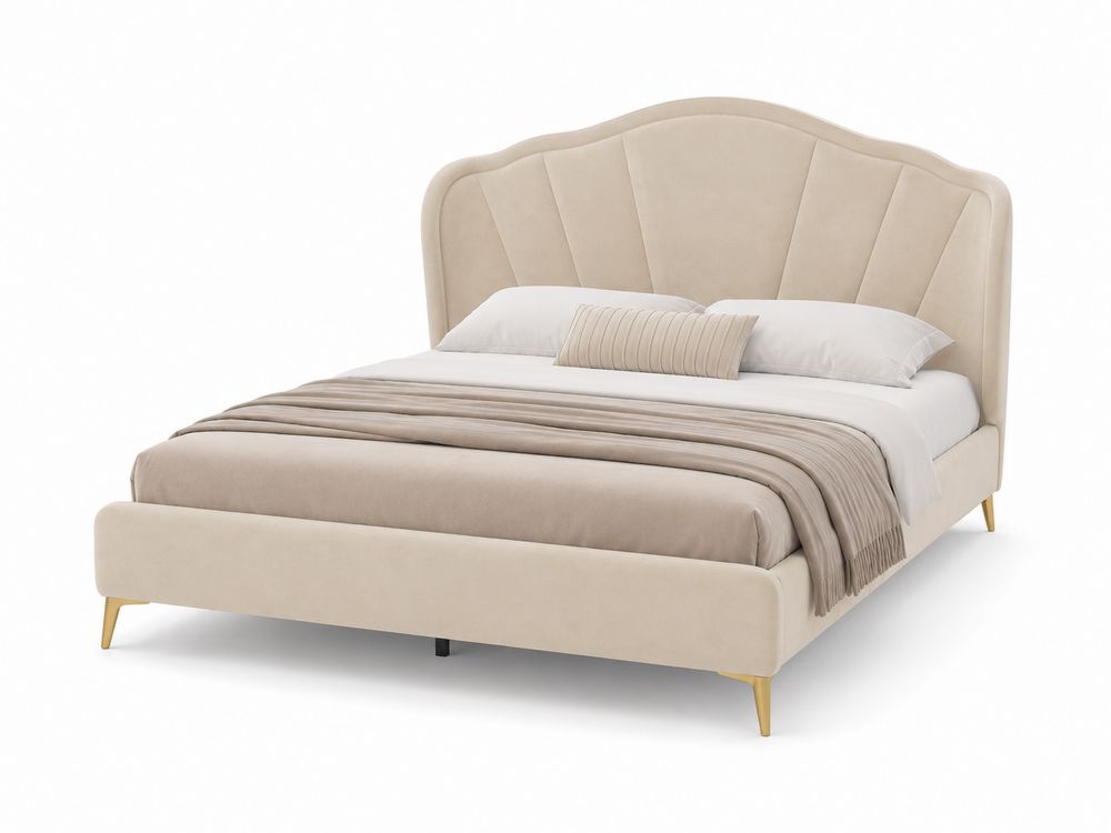 Cama doble de poliéster beige con cabecero curvo-Lumvellae