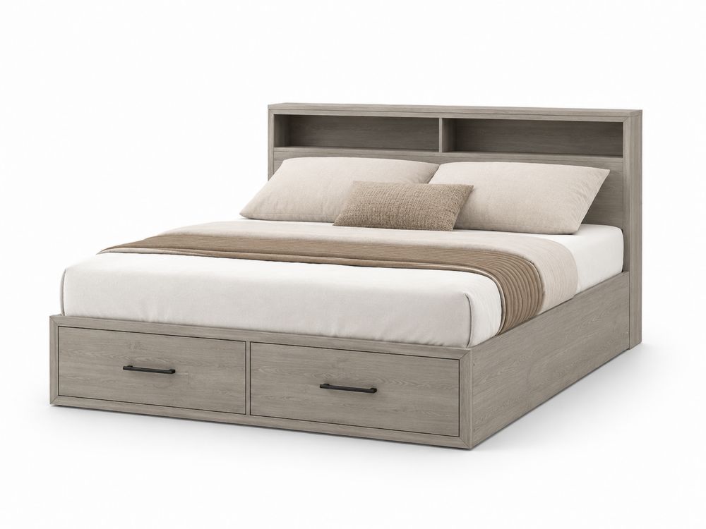 Cama de madera laminada gris con almacenamiento y cabecero-Lumvellae
