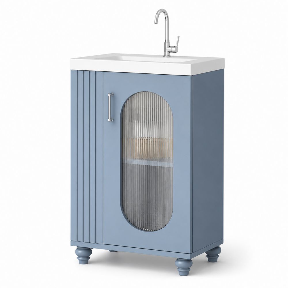 Mueble de lavabo individual de madera y vidrio azul 60x40x85 cm-Lumvellae