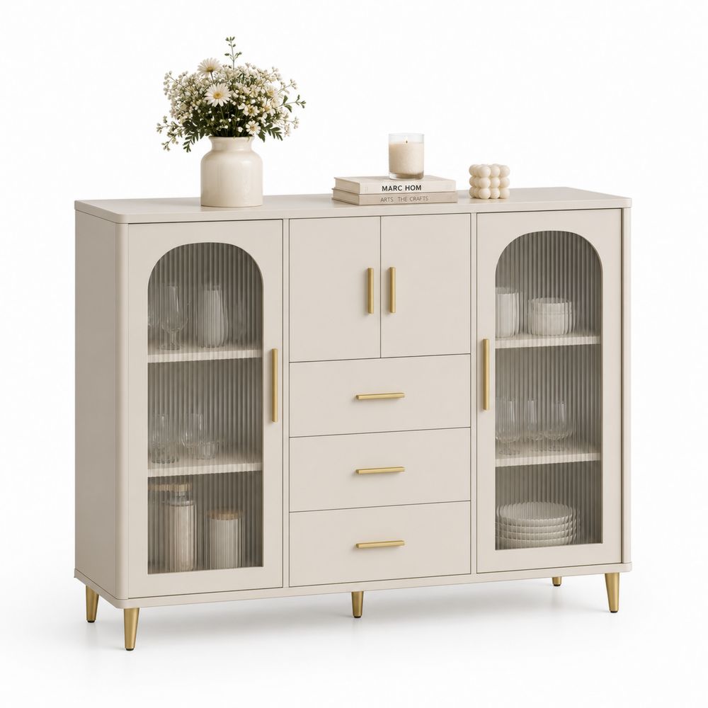 Aparador de MDF con Puertas de Vidrio Acanalado y Cajones 140x40x120 cm Beige-Lumvellae