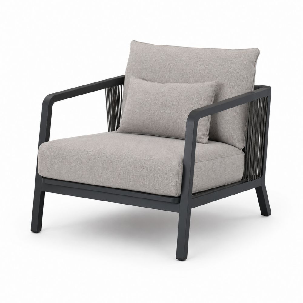 Sillón de metal para exterior con cojines de tela gris-Lumvellae