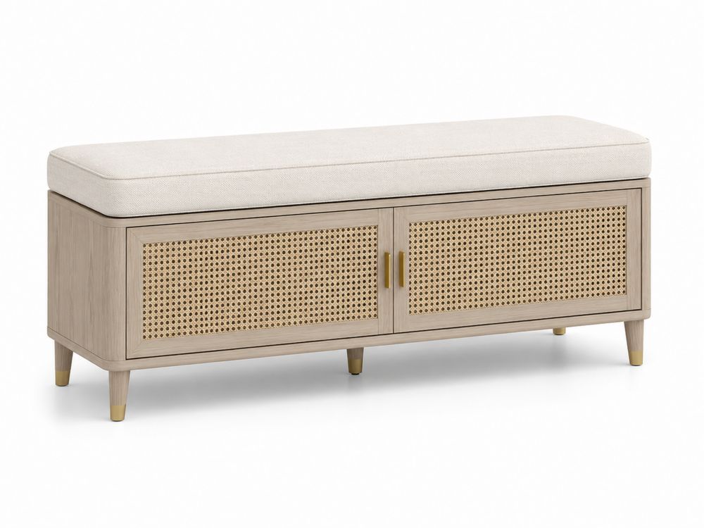 Banco de almacenamiento de madera con cojín beige y puertas de ratán-Lumvellae