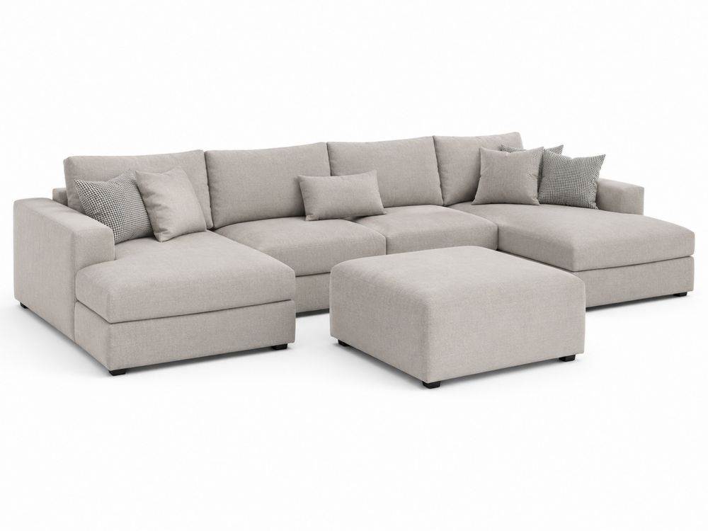 Sofá modular en forma de L con chaise longue y otomana en tela de poliéster Gris Claro-Lumvellae