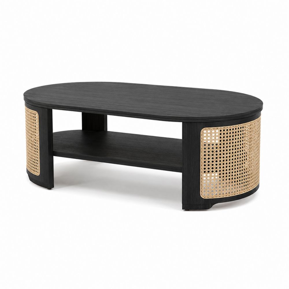 Mesa de centro ovalada de madera contrachapada y ratán natural Negro/Natural-Lumvellae