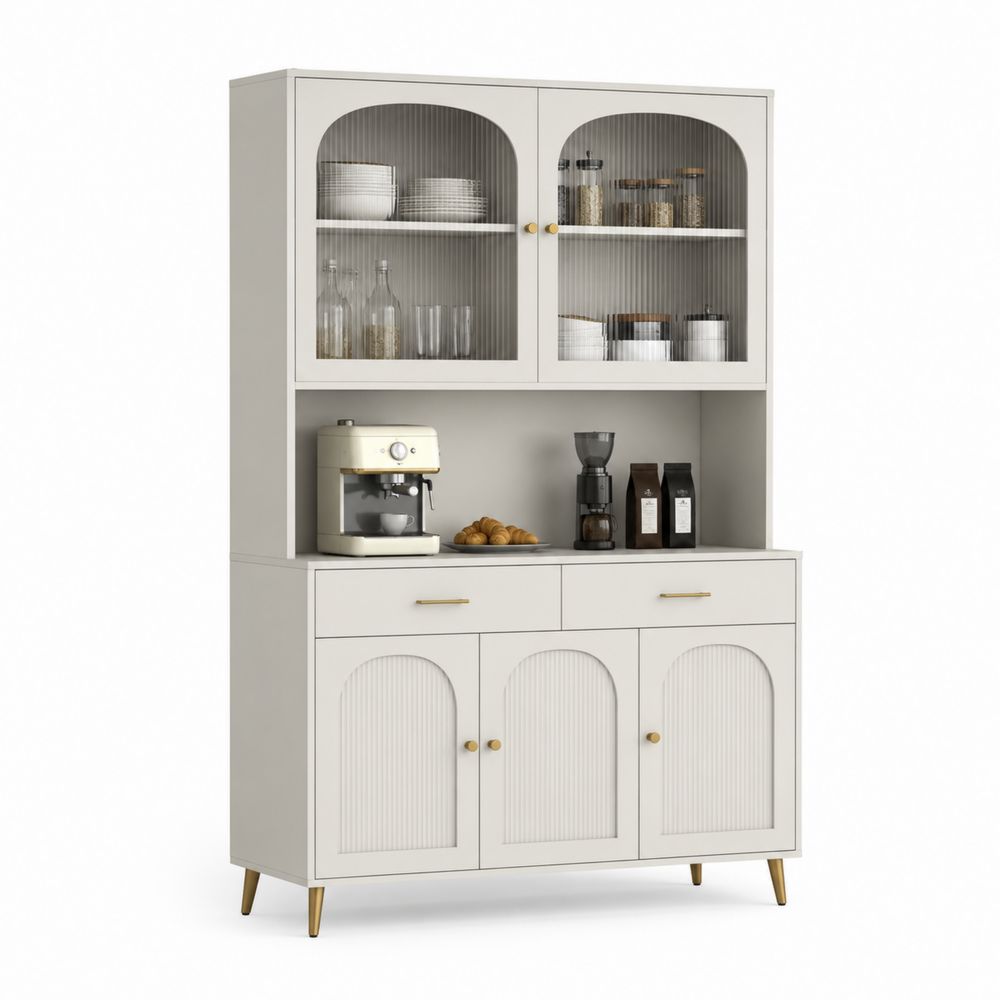 Aparador y vitrina de madera MDF beige con vidrio estriado-Lumvellae