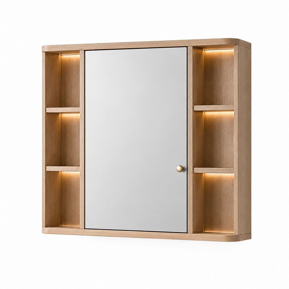Armario de Madera con Espejo y Luz LED, Estantes 80x60x15 cm-Lumvellae