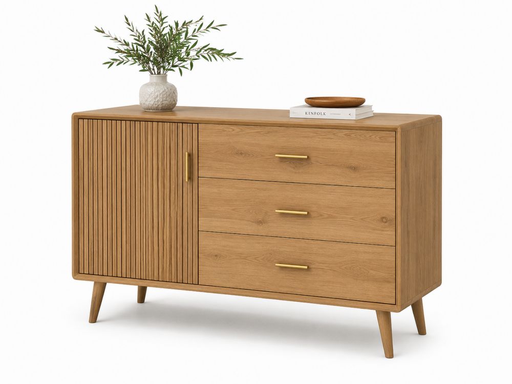 Aparador de madera de roble con cajones y puerta, 120x40x75 cm-Lumvellae