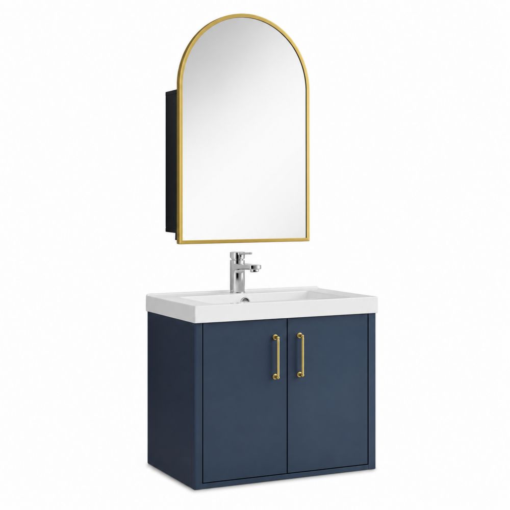 Mueble de baño de MDF con lavabo de cerámica y espejo arqueado-Lumvellae