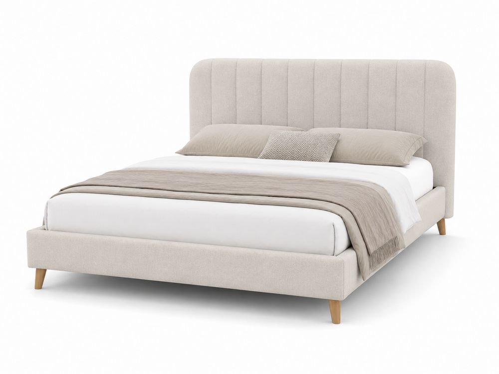 Cama tapizada en lino beige con estructura y patas de madera-Lumvellae