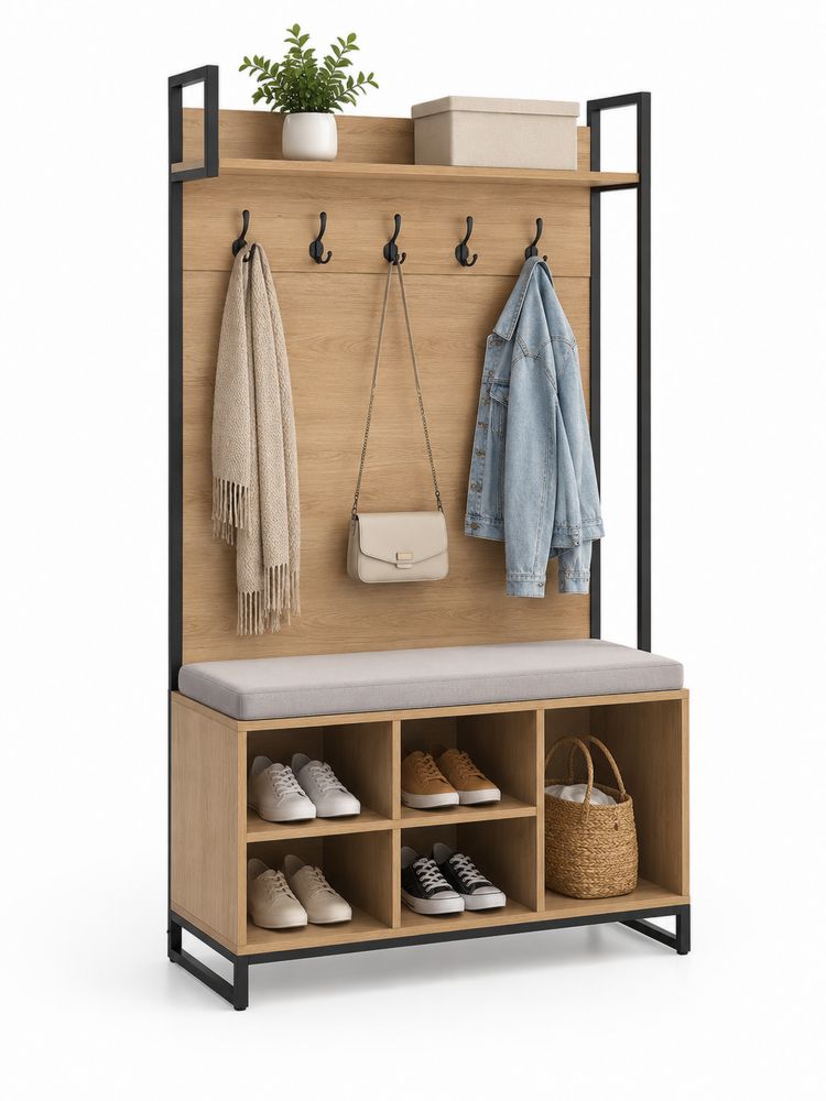 Perchero de Madera y Metal con Banco y Estante-Lumvellae