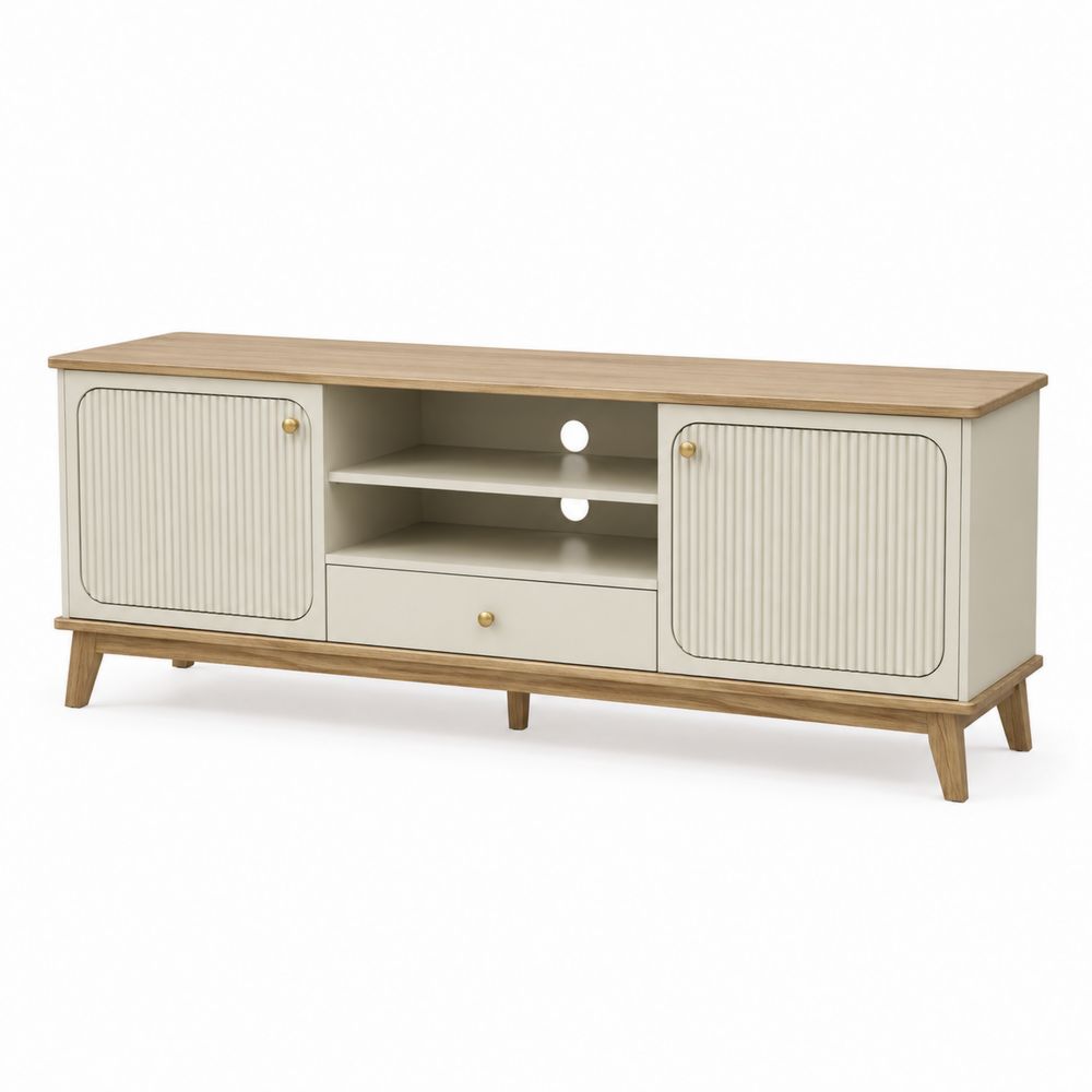 Mueble para TV de madera y MDF con puertas y estante central 150x40x50 cm Blanco y Roble-Lumvellae