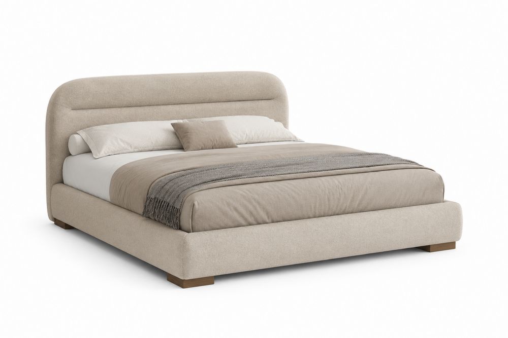 Cama tapizada doble con cabecero curvo en tela beige-Lumvellae