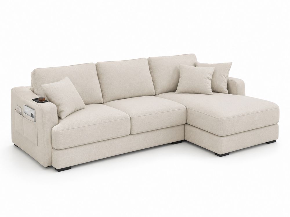 Sofá modular en forma de L con almacenamiento, tela de poliéster, Beige-Lumvellae