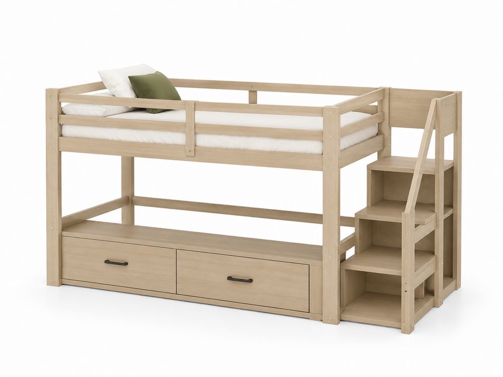 Cama alta de madera de pino con almacenamiento y escalera-Lumvellae