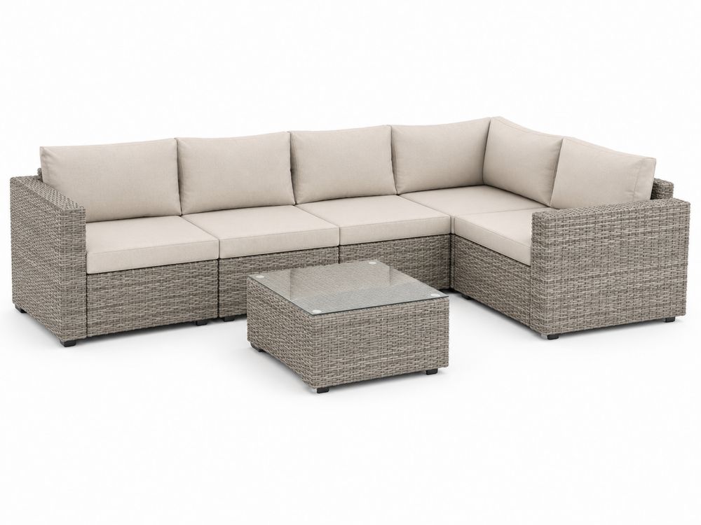 Sofá Modular de Exterior Esquina en Ratán Gris con Cojines Beige-Lumvellae