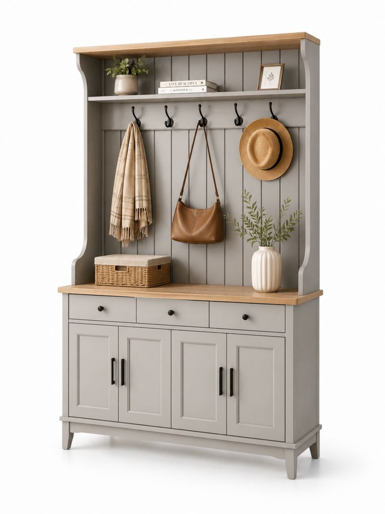 Perchero de Entrada de Madera MDF y Roble, Gris-Lumvellae