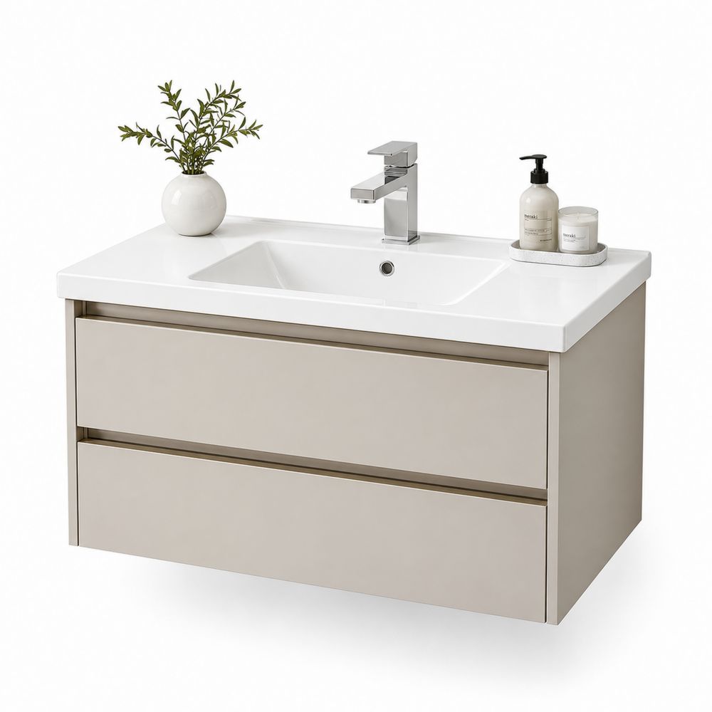 Mueble de lavabo individual 2 cajones MDF Lacado Beige 90x45x55 cm-Lumvellae