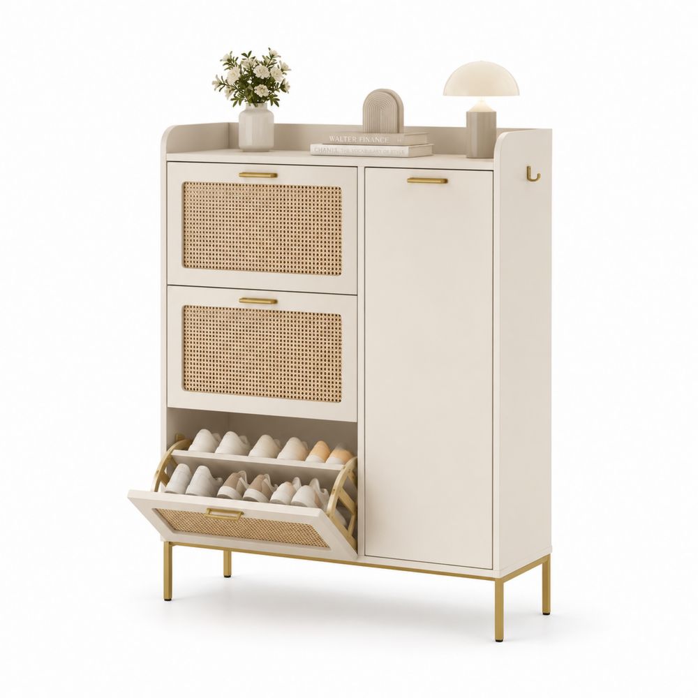 Zapatero de Madera y Ratán Beige con Detalles de Metal-Lumvellae