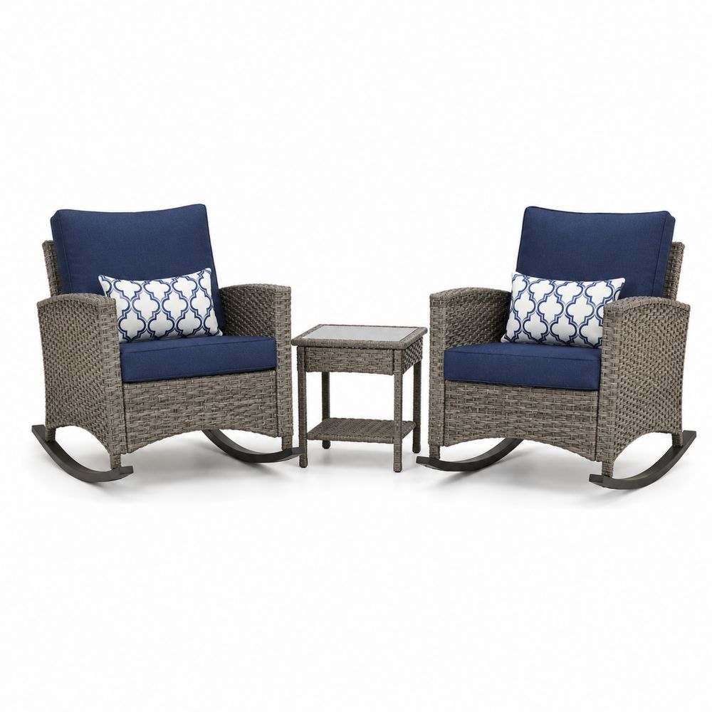Conjunto de mecedoras de ratán sintético gris y mesa con vidrio templado-Lumvellae
