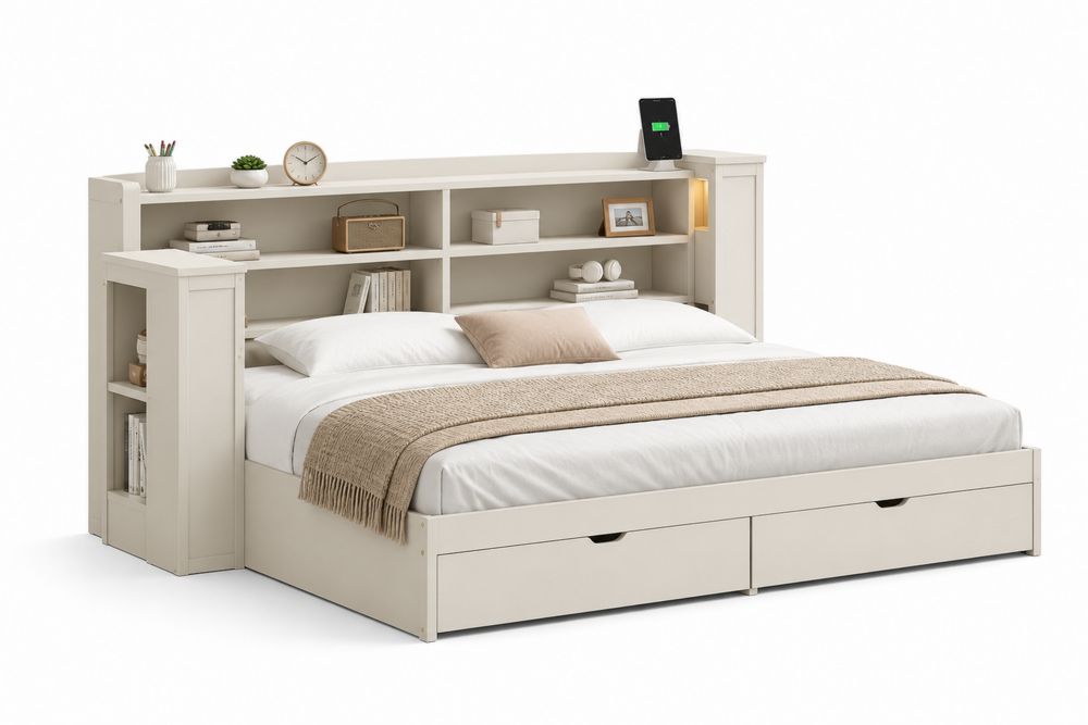 Cama doble con estantería y cajones de almacenamiento 200x160x120 cm madera blanca-Lumvellae